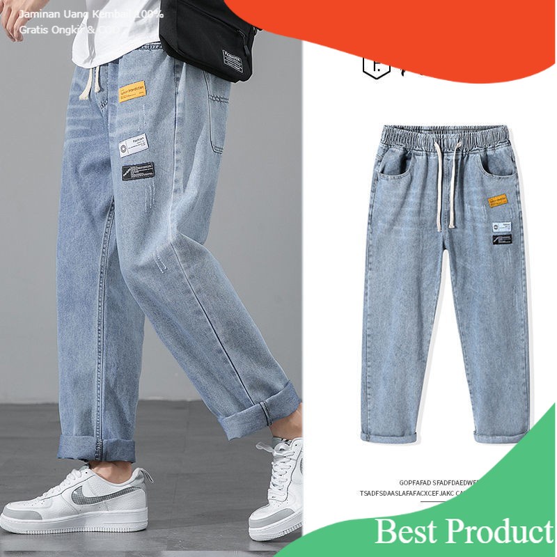 Celana Jeans pria Korean style Celana panjang pria biru straight loose jeans celana kulot celana sob