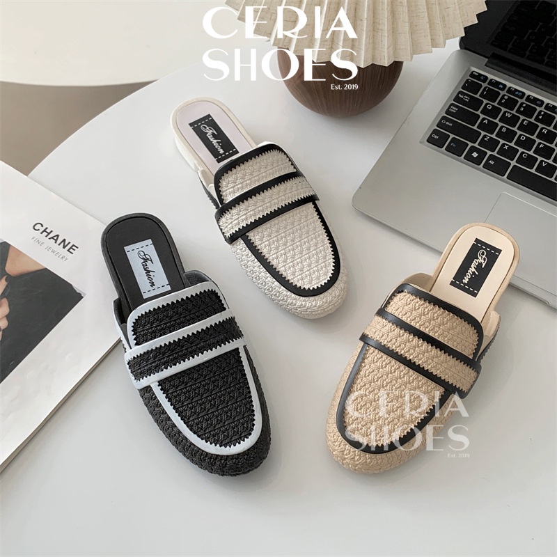 Sandal Slop Wanita Selop Motif Rajut Bahan Karet Elastis Sol Empuk Hak Pendek 2401