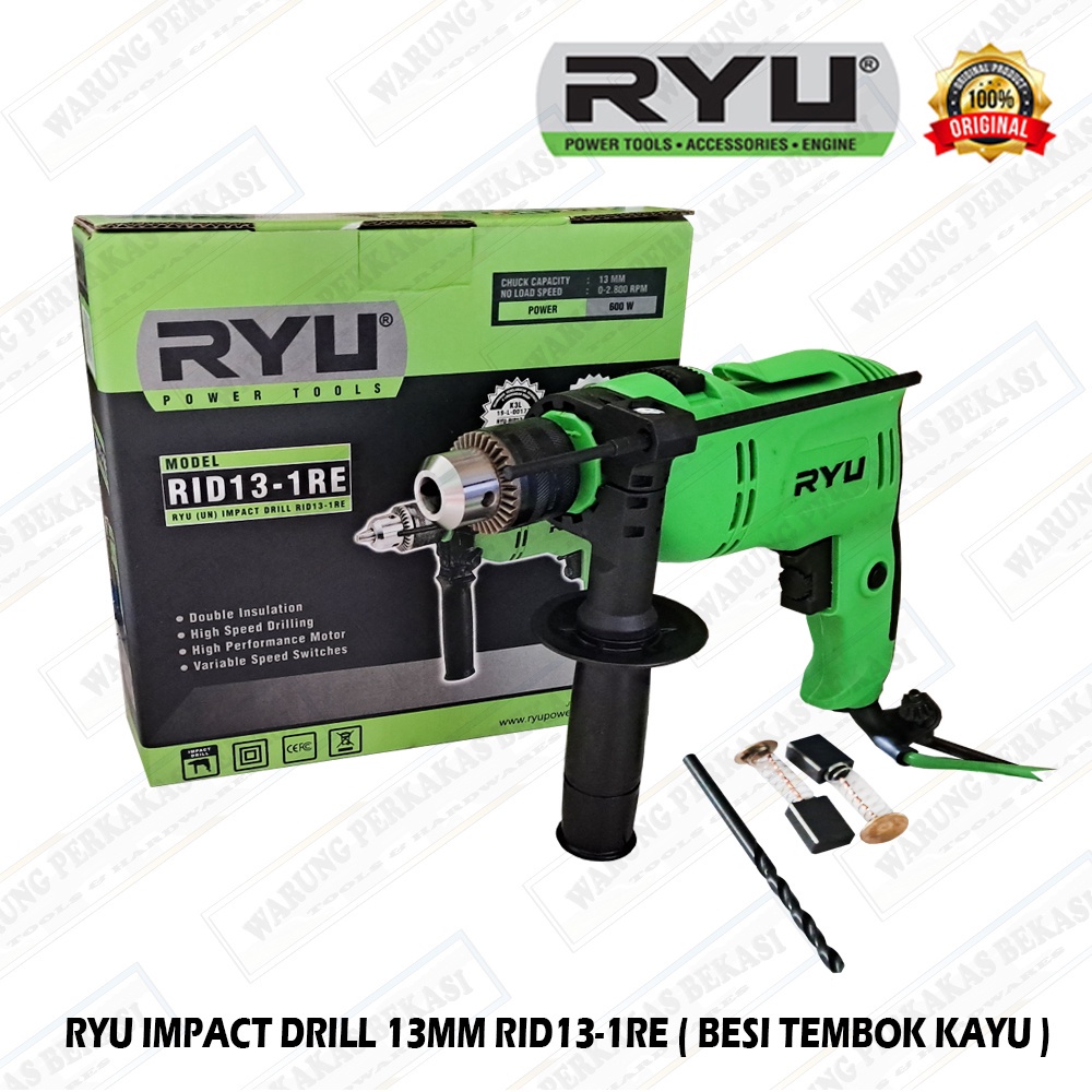 Ryu Impact Drill Mesin Bor Tangan Untuk Besi Kayu Tembok Bolak Balik 13 Mm Free 1Set Carbon Brush