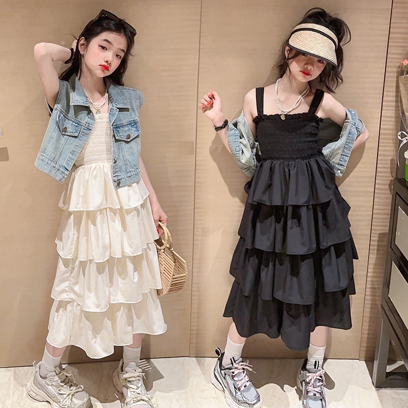 CHUBBI 88, 4-12Tahun Dress Anak Tanggung Dewasa Panjang Ruffle Mermaid Style Korea Rompi Jeans