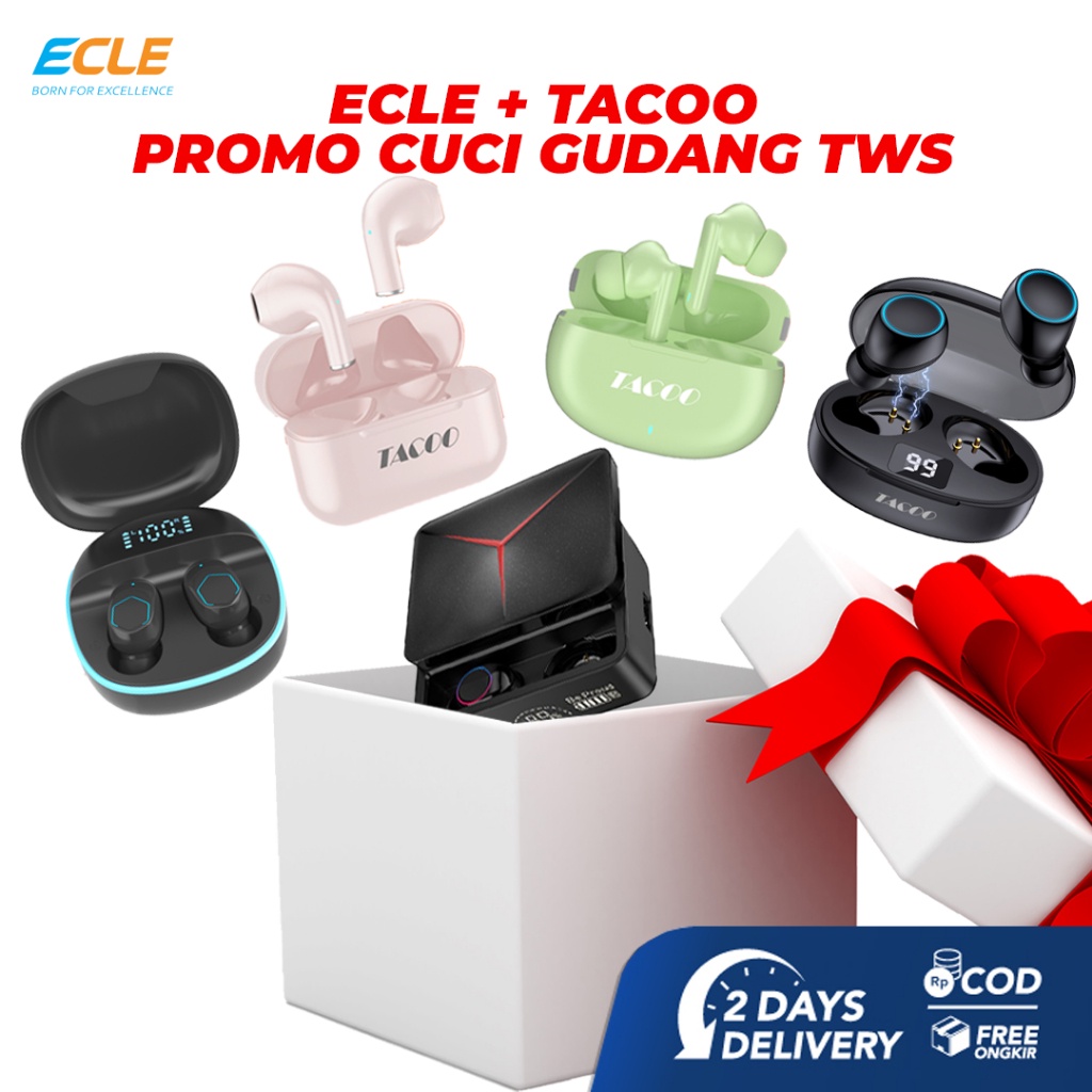 COD ECLE + TACOO Clearance Sale Promo Cuci Gudang TWS Earphone Bluetooth Headset Wireless Earphone Waterproof