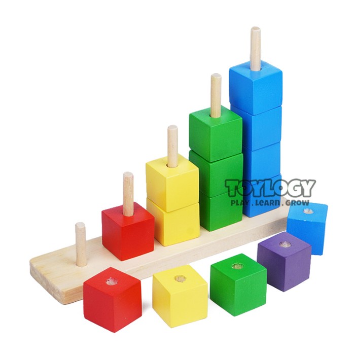 Mainan Kayu Edukasi Anak Menara Balok Warna Susun Kubus Stacking Tower