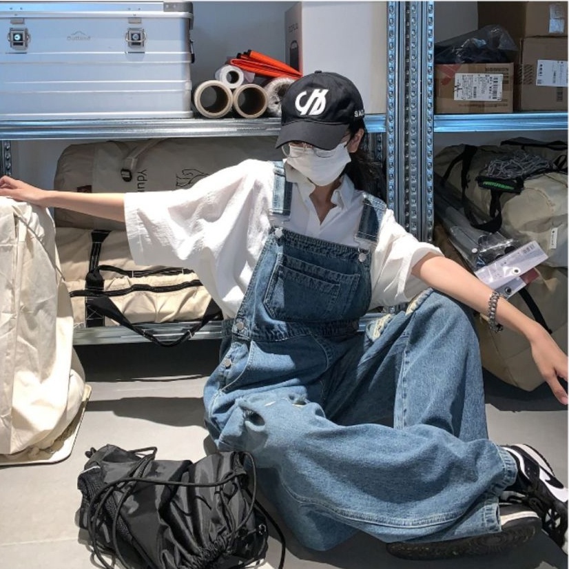 Overall Denim Robek Wanita Jumpsuit Celana Lebar Longgar