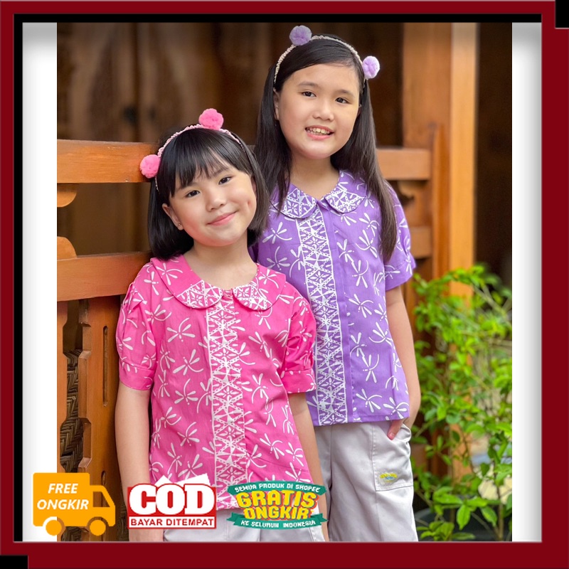 BLUS BATIK ANAK PEREMPUN CAPUNG PINK UNGU LILAC HIJAU SAGE COKLAT COKSU CANTIK// BATIK KEREN TERKINI