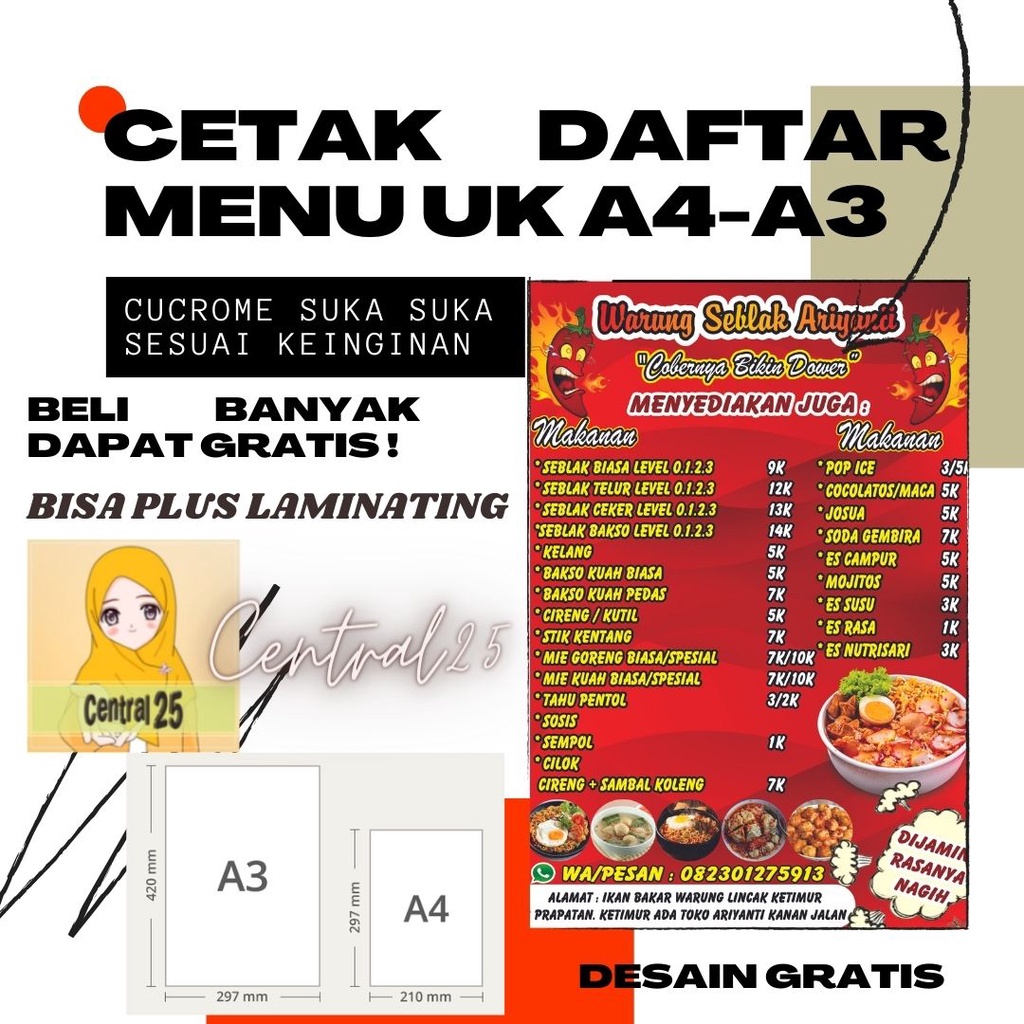 

CETAK POSTER USAHA SEPERTI DAFTAR MENU MAKANAN MINUMAN DSB BISA CUSTOM UKURAN A4/A3 PROMO COD GRATIS ONGKIR