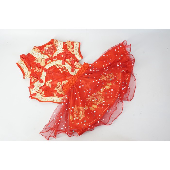 Setelan Baju Rok Anak Bayi Cheongsam Imlek Polkadot Satin Tile Merah