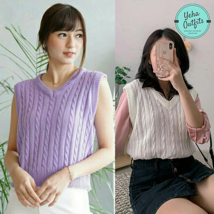 Diskon[Terbaru] Cable Vest Wanita Rajut Murah | Baju Rompi Tanpa Lengan Muslim Korea - Navy