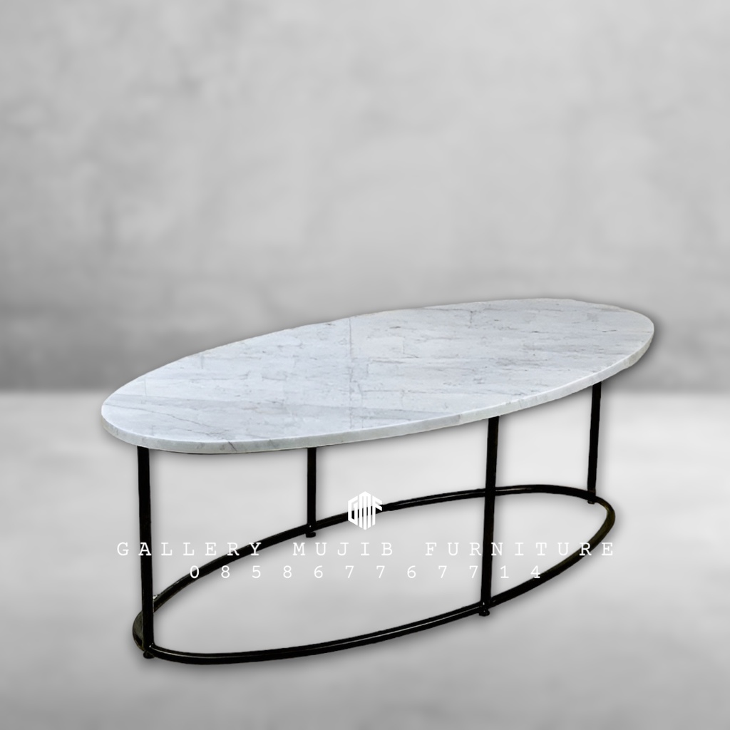 Meja tamu oval, meja tamu oval top marmer, meja tamu oval industrial - Cream 120x60 cm