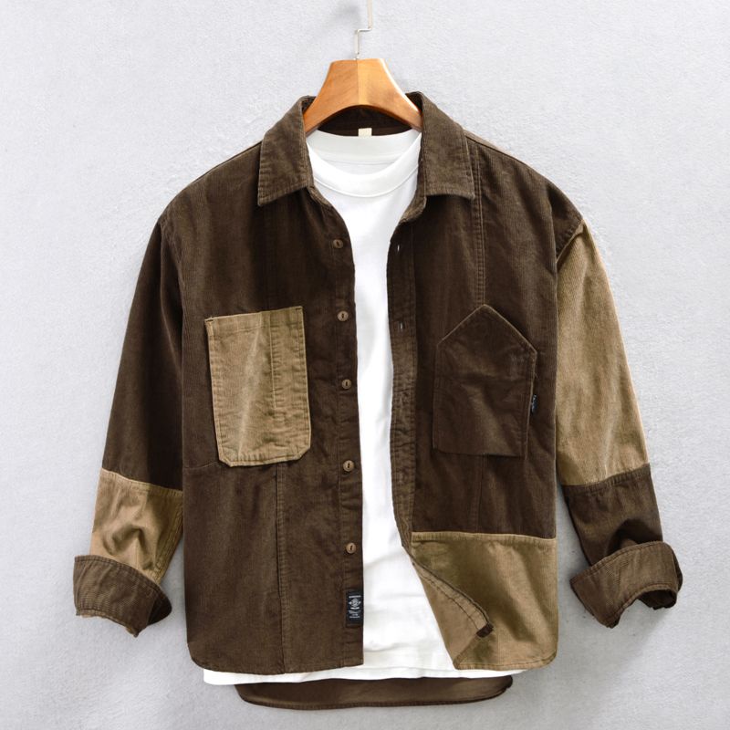 Men's casual versatile contrasting color patchwork corduroy shirt