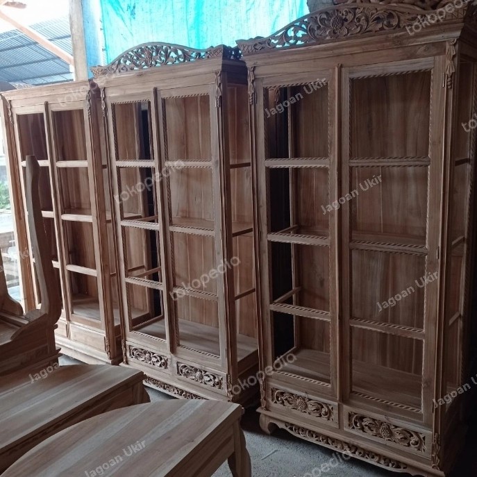TERMURAH JF almari kaca hias 2 pintu kayu jati ukir jepara lemari pakaian