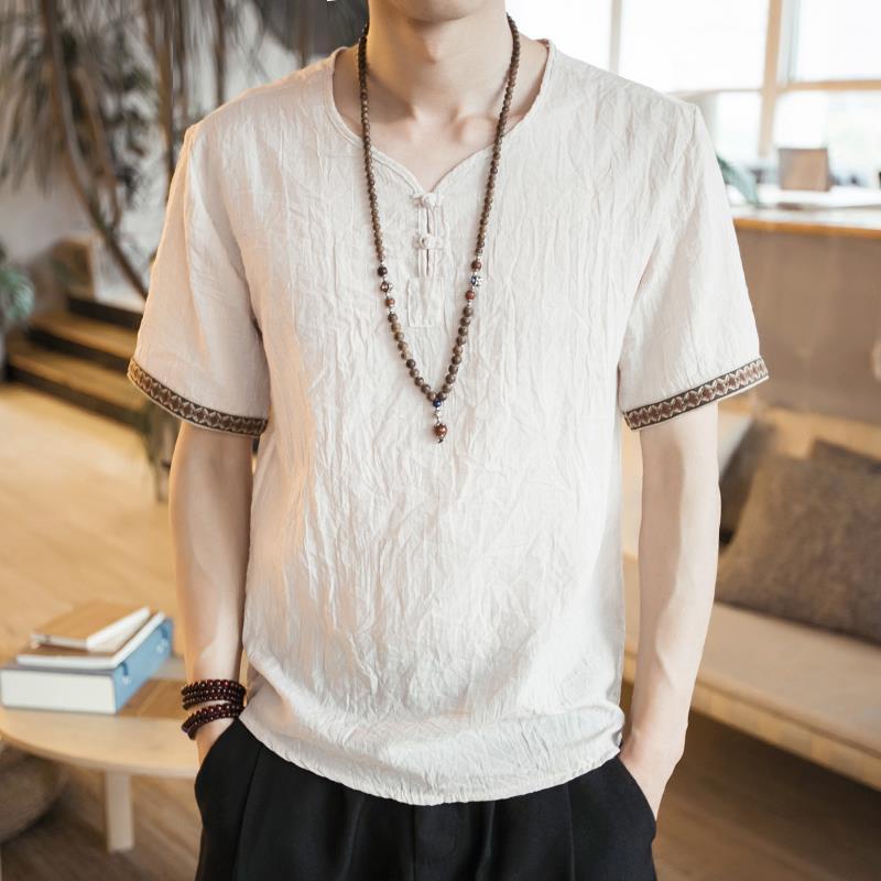 Men's linen shirt short sleeved T-shirt linen men's shirt