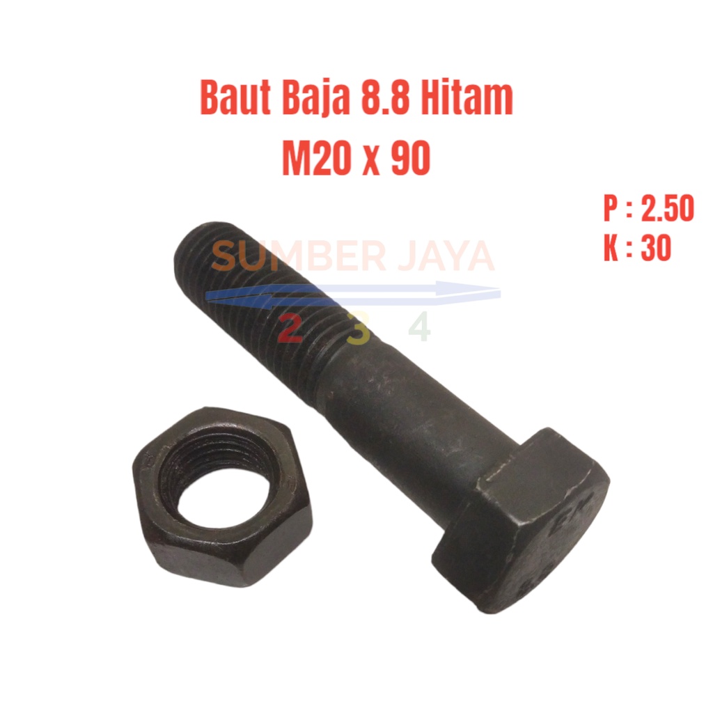 M20X90 Baut Baja 8.8 Hitam / Baut Mur Baja 20 x 90 mm Drat Setengah