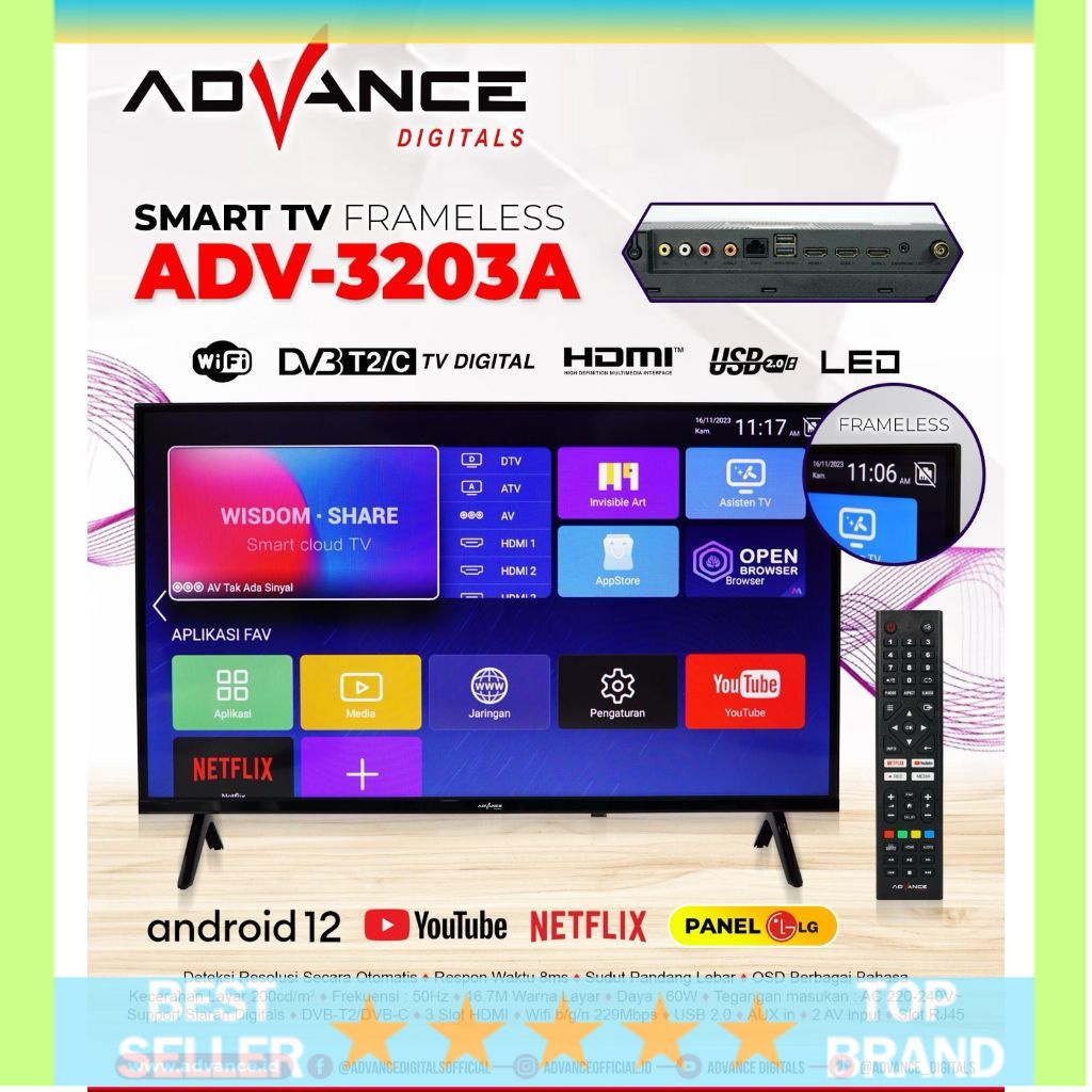 Advance Android Smart TV 32" inch ADV 3203A Televisi Digital Panel LG