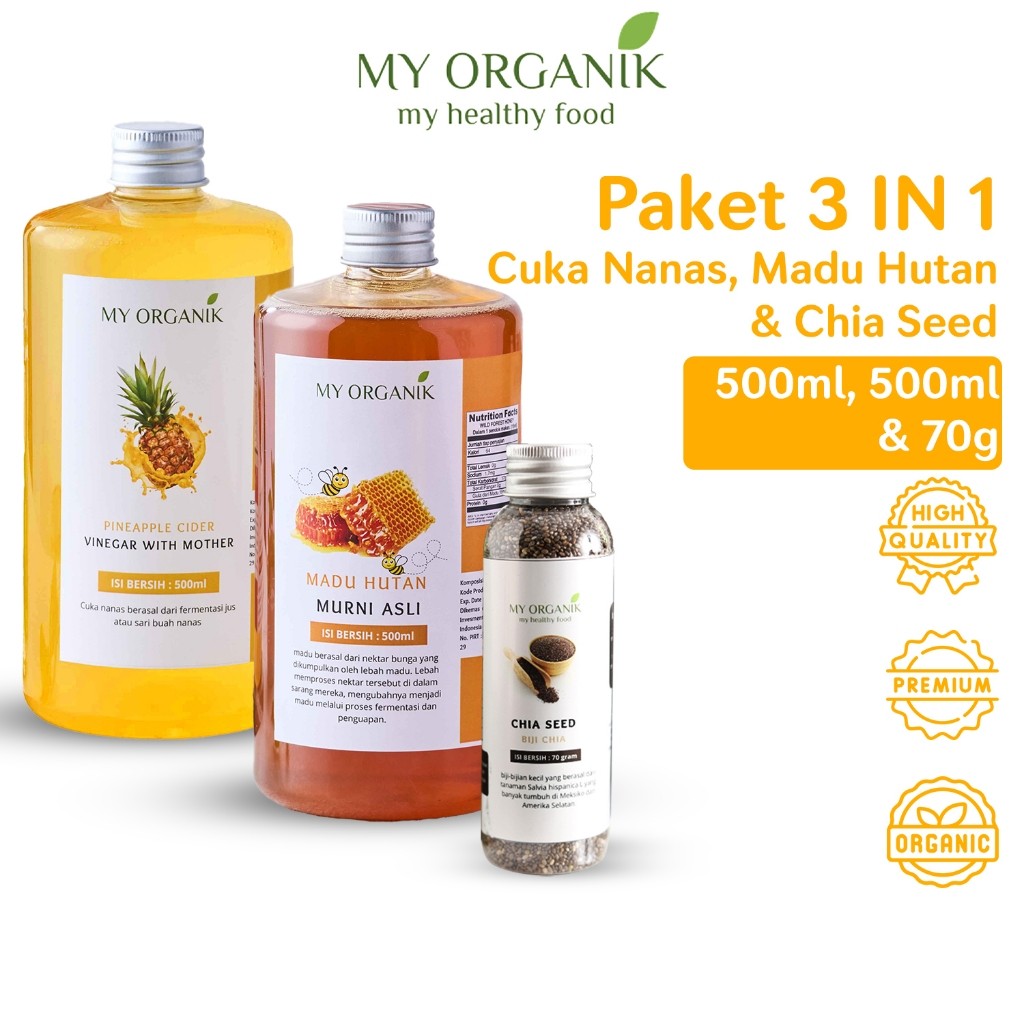 

My Organik Paket 3 in 1 Cuka Nanas Madu Hutan 500ml Chia seed 70gr