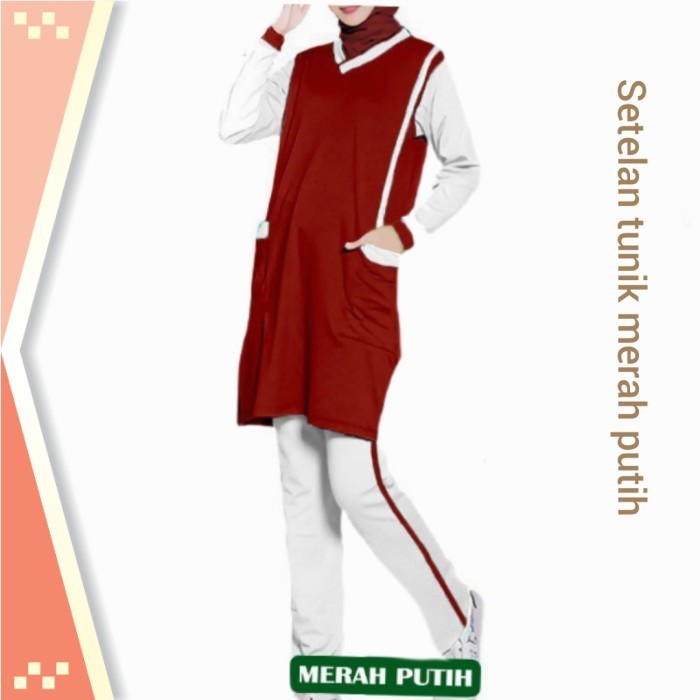 Tunik Busana Muslim Wanita Murah / setelan tunik muslimah merah putih - Merah Putih, XL