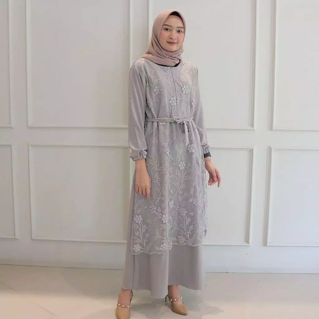 Dress Wanita KS0225 Alma dress gamis pesta kondangan mix -brukat bunga Keren