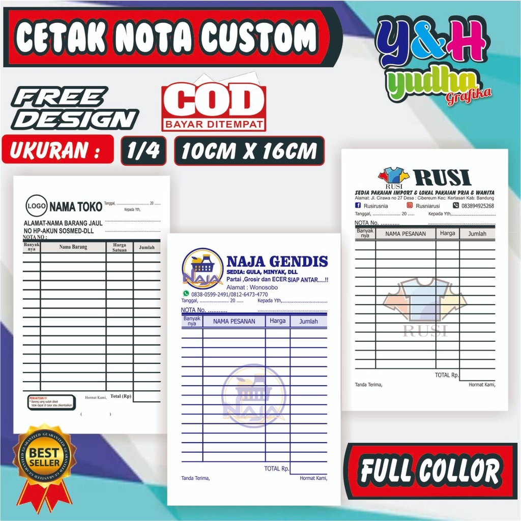 

Cetak Nota Custom 1/4 1 Ply isi 100 lembar Gratis Desain Bebas Nama Sendiri Y&H Yudha Grafika