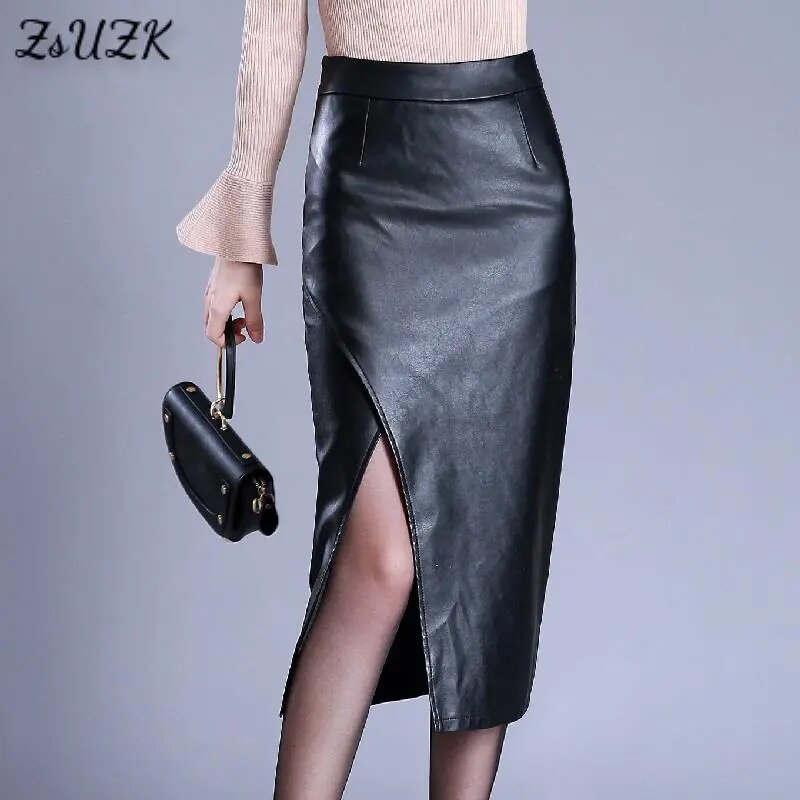 Rok Pensil Bodycon Kulit PU Hitam Ramping Wanita Musim Gugur Musim Dingin Rok Streetwear Seksi Perte