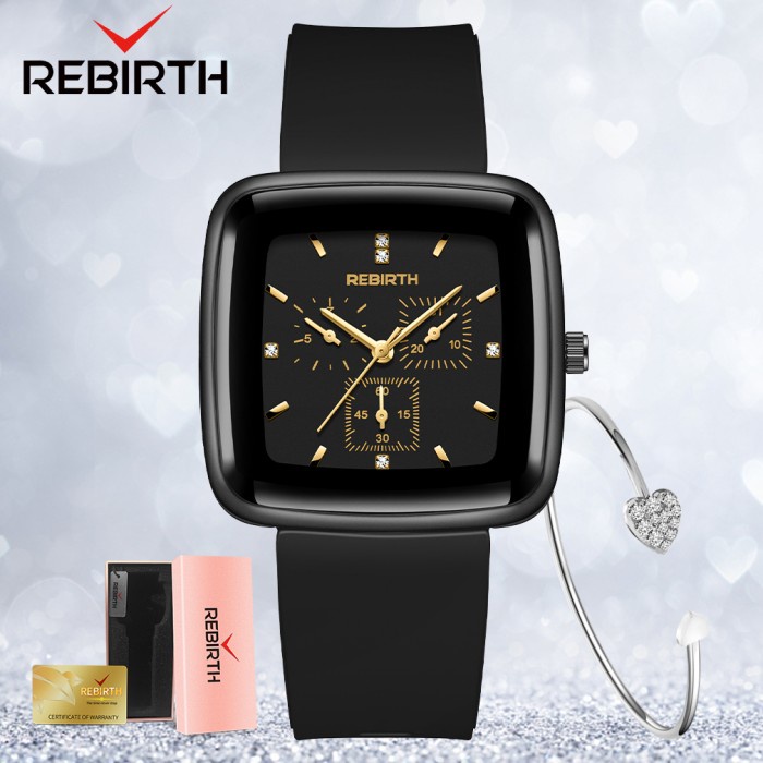 [Watch Mall] REBIRTH Jam Tangan Wanita Original Anti Air Kuarsa Jam Tali Silikon - black