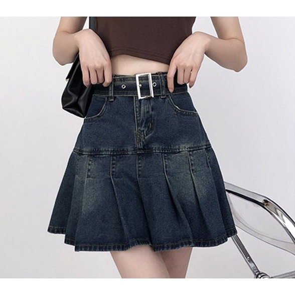 Eyeshe Rok Pendek Denim Retro Rok Berlipat High Waist - Sabuk Gratis