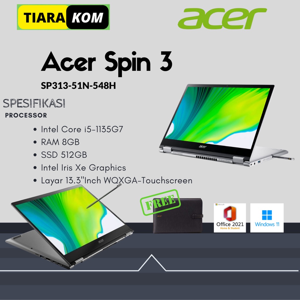 Laptop Kerja Acer SP313 51N 548H Core i5 RAM 8GB SSD 512GB 13.3"WQXGA - Touchscreen