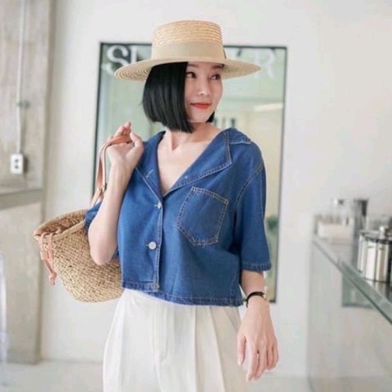 CS - Kemeja Crop Top Oversize Denim Wash Wanita / Blazer Crop Jeans Outfit Jeans Korean OOTD Remaja