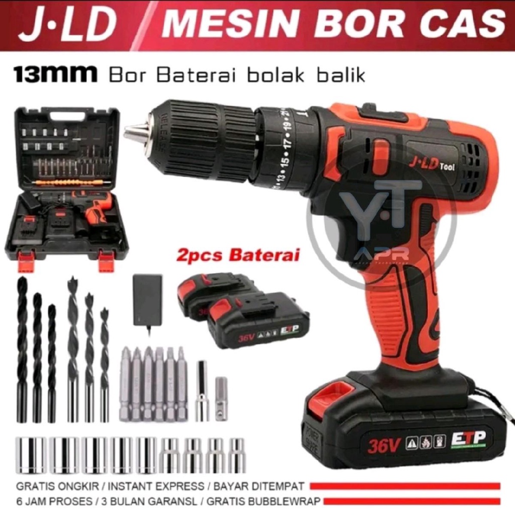 Bor cordless JLD Chuck 13MM 36V 2baterai fullset original