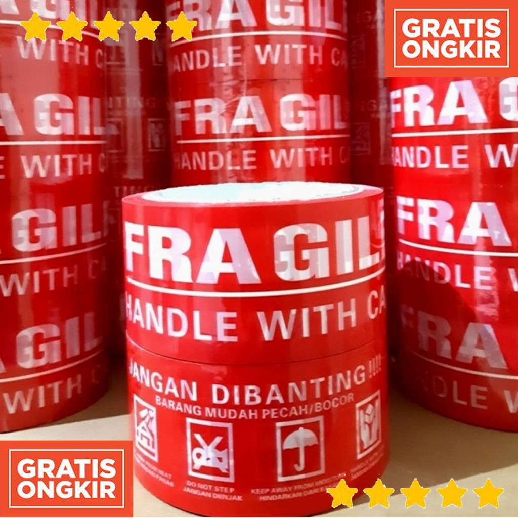 Lakban Fragile Putih Merah Solasi Segel Barang Dus Lakban Segel 50yard