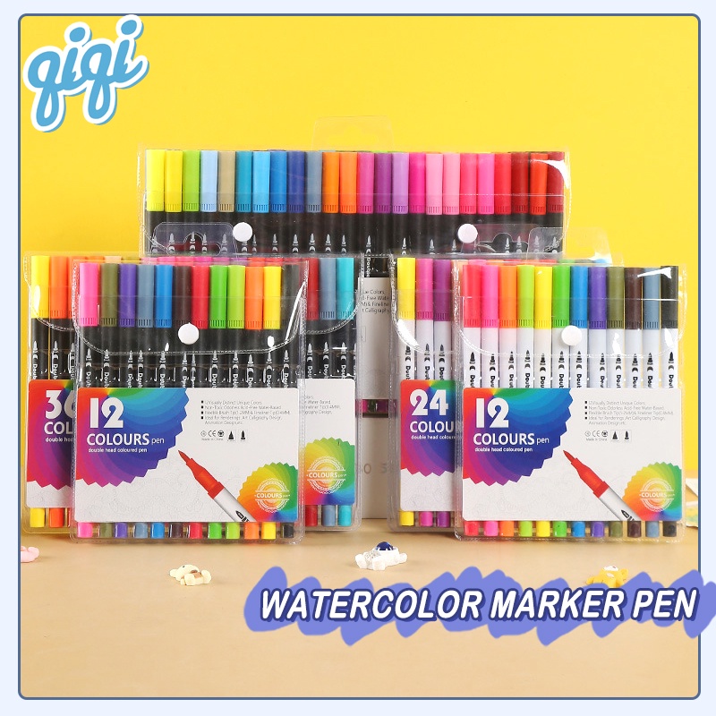 

Watercolor Marker Pen Spidol Warna 24/36/48 Warna/Pena Cat Air Soft -Berjok/Pen Marker Pena Double -Headed Pen Pena - Qiqi Treasure