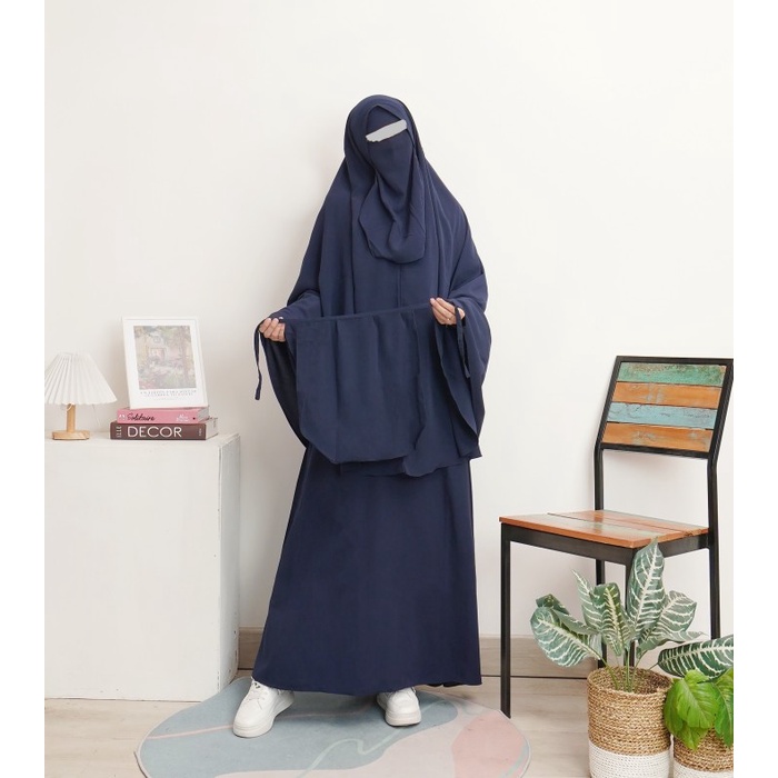best -Gamis Syari Syar'i set Cadar dan Khimar bahan Wolfis Wollpeach - Hitam, S