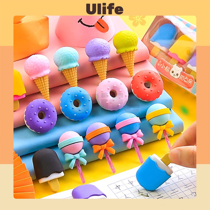 

4Pcs/Set Penghapus Pensil Model Ice Cream Donat Lollipop Popsicle Eraser Cute Cartoon Penghapus Lucu karakter Kartun Untuk Kantor Sekolah Pelajar