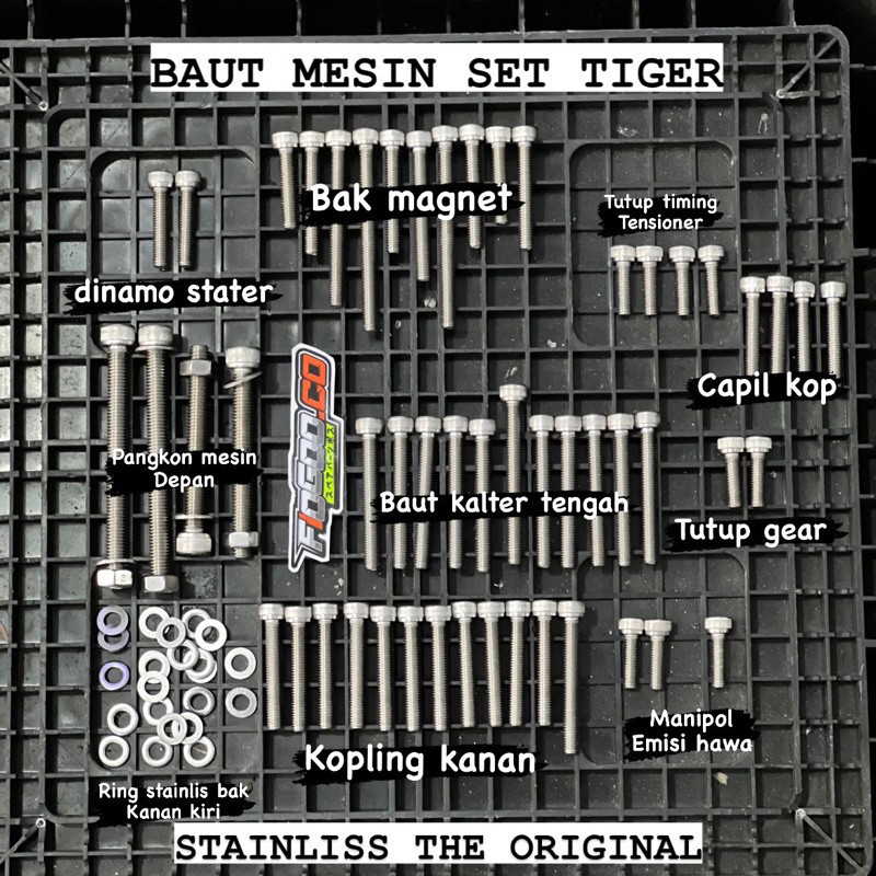 BAUT MESIN SET TIGER L STAINLIS THE ORIGINAL BAUT BAK KOPLING KANAN KIRI L STAINLIS SET PANGKON MESI