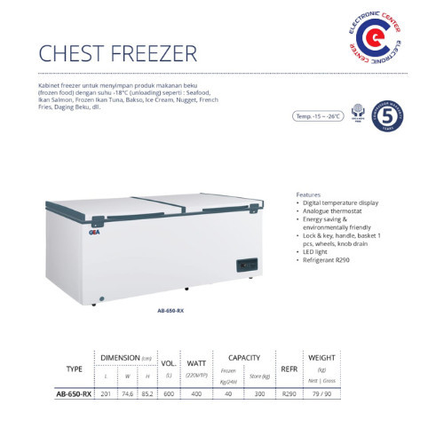 Chest Freezer Gea AB-650 RX 600 Liter Cooler Box 2 Pintu