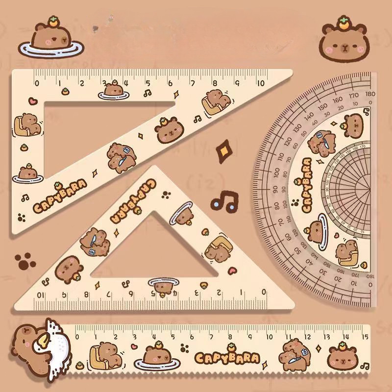 

4pcs/set Creative Acrylic Capybara Set of Rulers Drawing Tools Cute Cartoon Soft Ruler Set Office Supplies Set Square