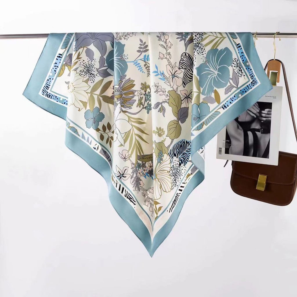 Square Silk Scarf Twill Flower Printed Silk Satin Polyester Scarf Simulated Silk Hijab Bandanna Deco