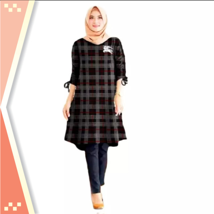 Termurah Tunik Keren / Baju Tunik Muslim Wanita Lengan Panjang Kotak Kotak Kuda - Hitam, XXXL