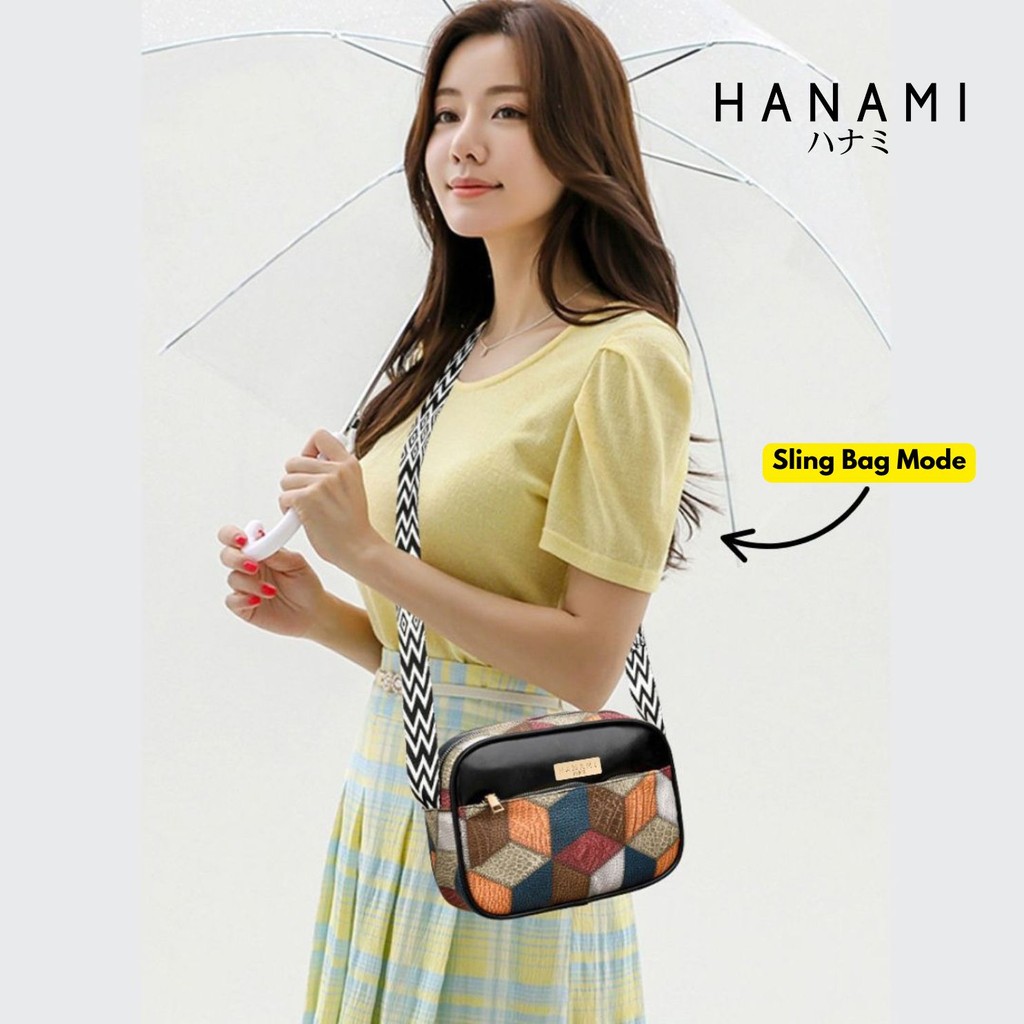 HANAMI Tas Selempang Wanita Cantik TA1014B5 Kulit Simple Branded Kekinian Motif Hitam Gicara Elegan