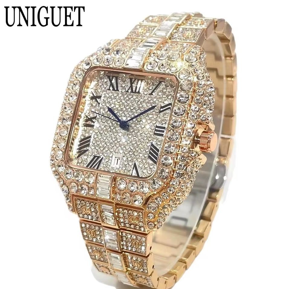 Jam Tangan Original Pria UNIGUET Fashion Watch For Men Luxury Rose Square Iced Out Quartz Watch Man 