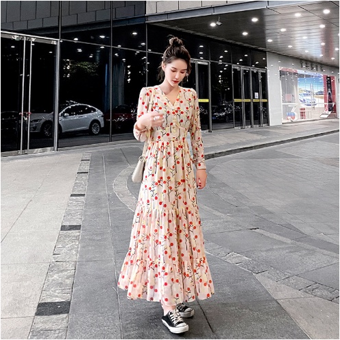 Midi Dress Rok Tingkat Dibawah Lutut Panjang Motif Bunga Lengan Panjang - Dres Gaun Baju Pakaian Bus