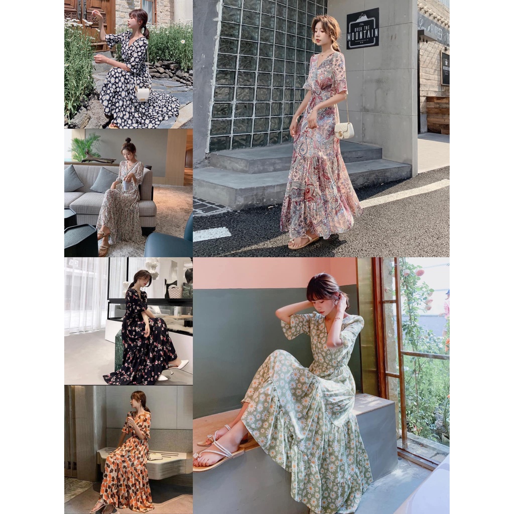 Midi Dress Rok Dibawah Lutut Sebetis Lengan Trompet Berbagai Motif Bunga Boho Retro - Dress Casual K