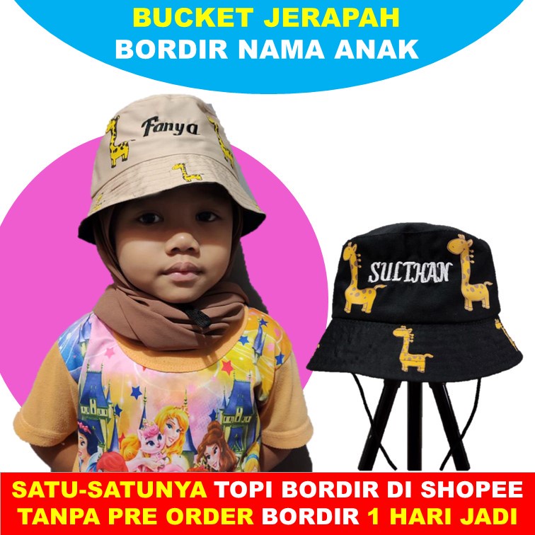 Bucket Anak Tali Sablon Jerapah Bordir Nama Anak Bucket Hat Sablon Laki & Perempuan