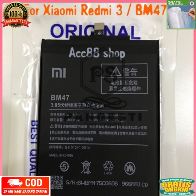 GARANSI TERMURAH Batre battery baterai Original Xiaomi BM47 /  Redmi 3 / Redmi 4X Mi pro