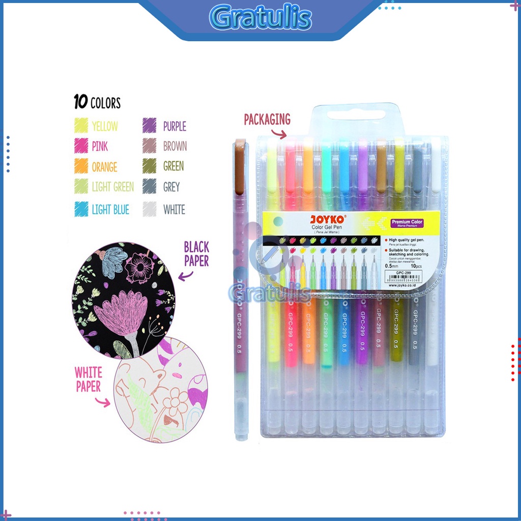 

PULPEN GEL COLOR PREMIUM JOYKO [GPC-299/10 WARNA] / BALLPOINT PENA PEN TINTA WARNA WARNI [1 PACK]