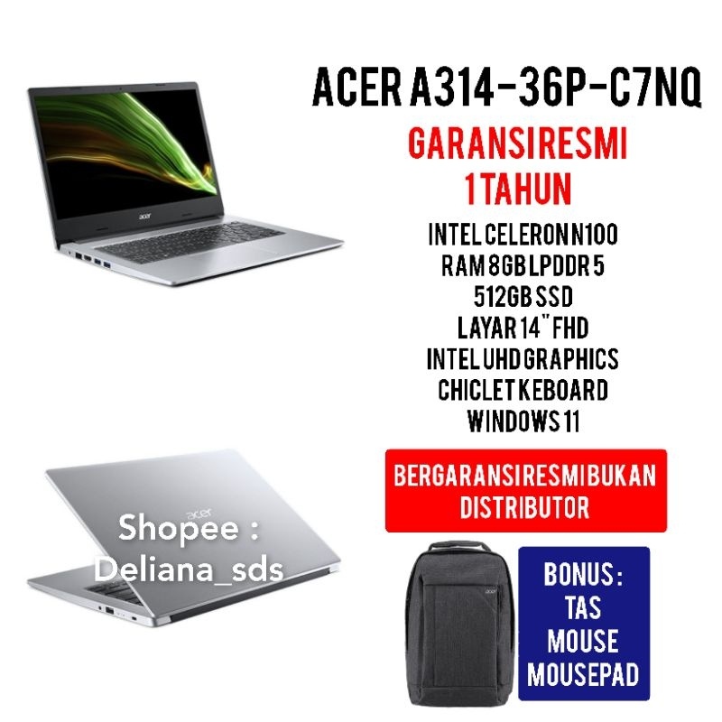 Laptop Acer A314-36P-C7NQ Intel Celeron N100 8GB/512GB SSD Garansi Resmi 1 Tahun Laptop Acer A314 36