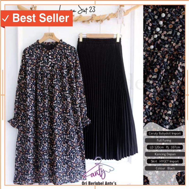 Setelan Pakaian Wanita Murah Branded PRemium - BHL - LOUISA SET Setelan Rok Plikset dan Tunik Ceruty
