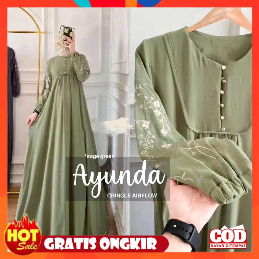 KAIN ADEM HALUS TEBAL / Bordir Ayunda Dress Gamis Muslimah Wanita Bahan Crinkle Airflow Mix Bordir K