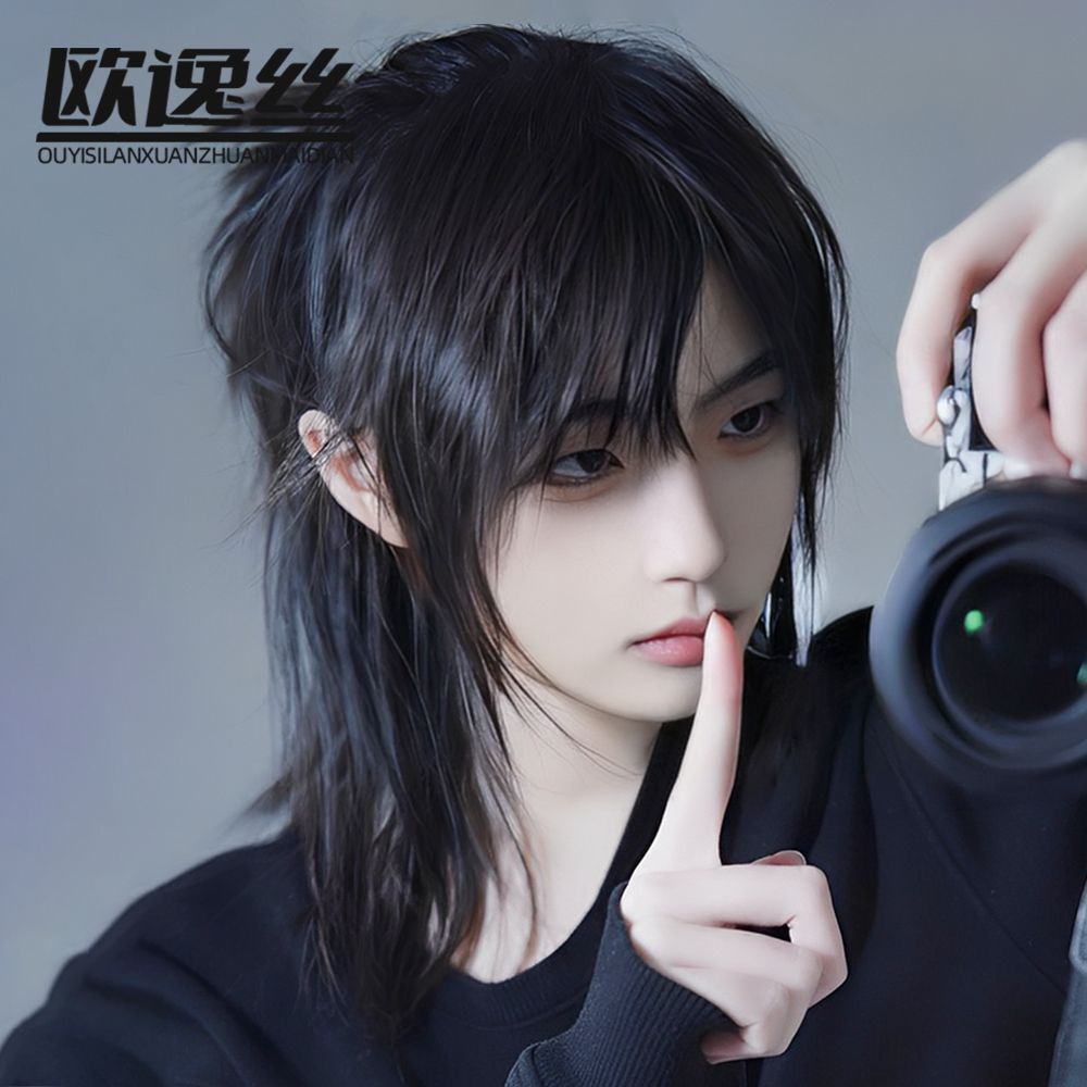 Wig laki-laki vintage samurai kepala jaring selebriti setengah terikat ekor serigala Jepang kepala b