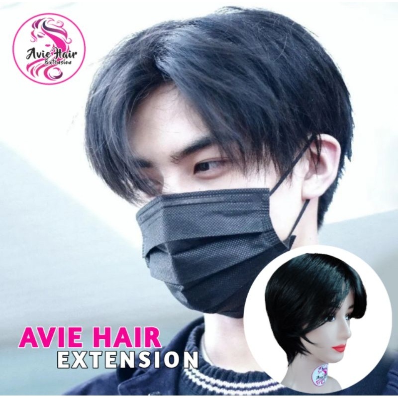 Wig Cowok Keren Rambut Palsu Pria belah tengah model Korea Rambut Palsu Murah Warna Hitam