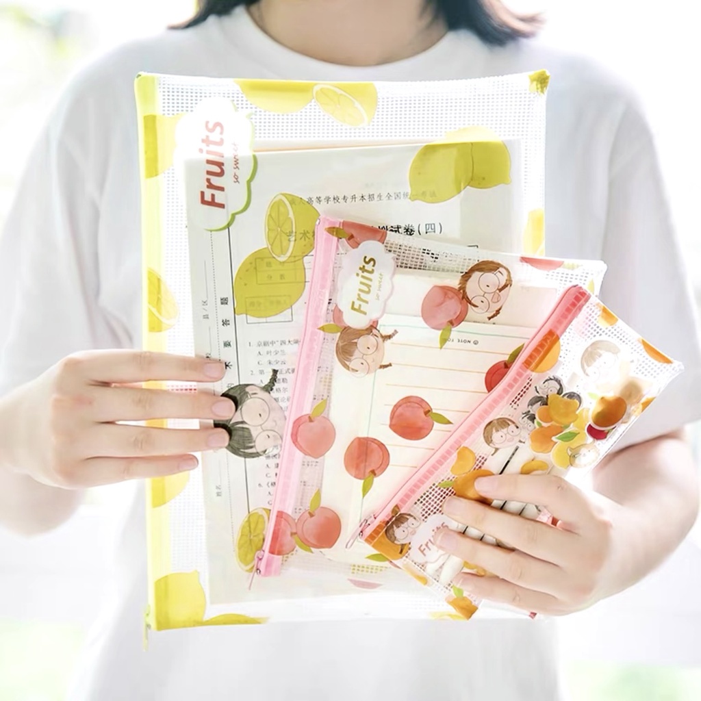 

14A. Small, A5, A4 Kotak Pensil Anak Bahan Mesh Motif Buah / Tas Dokumen Map File Zipper Folder Jaring Resleting