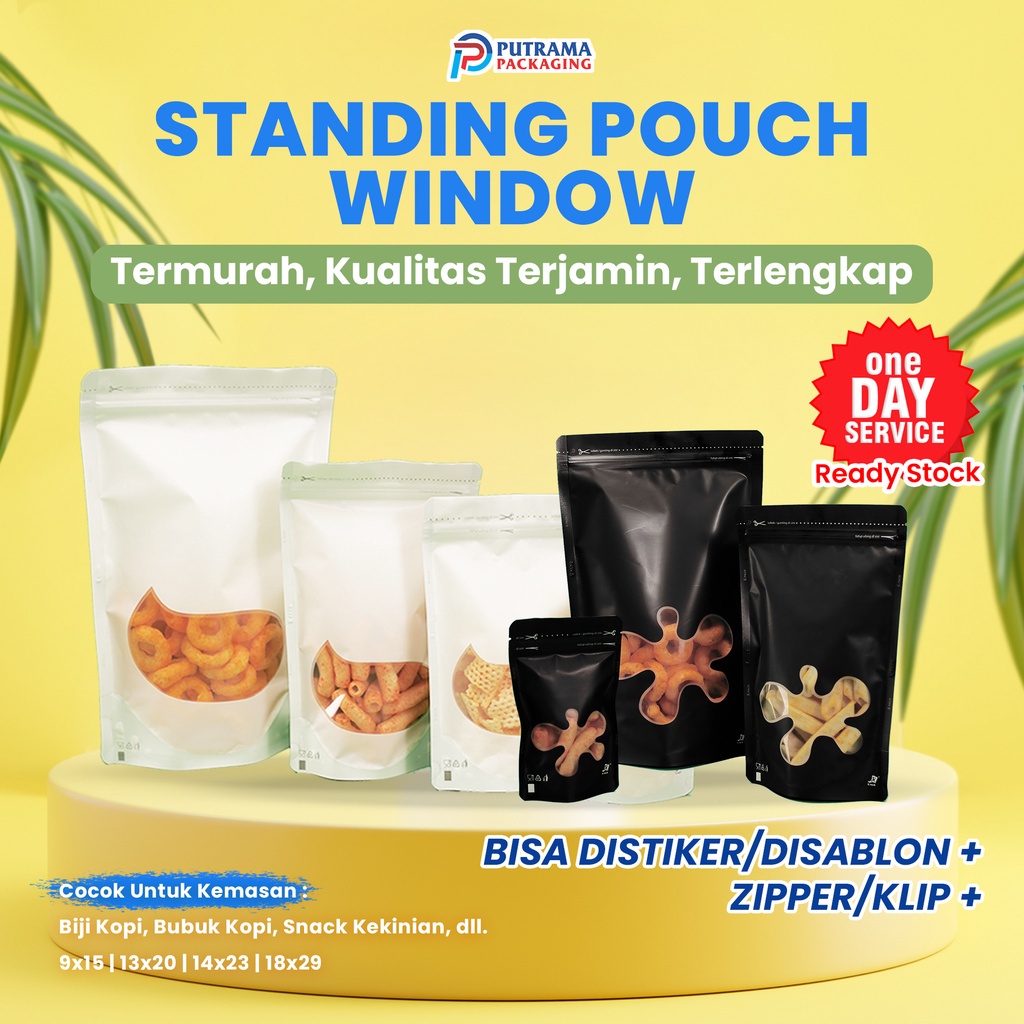 (1 PACK ISI 100 PCS) Standing Pouch Transmetz Window Hitam Putih 13x20 Kpack Kemasan Snack Kopi 150 